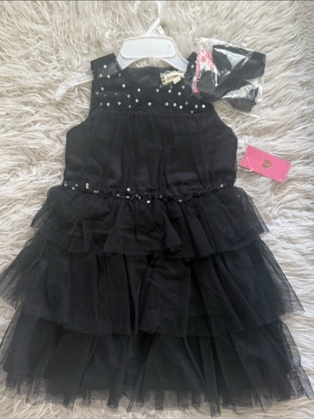 NWT Girl’s Black Tiered Tulle Dress with Bow Hair Clip